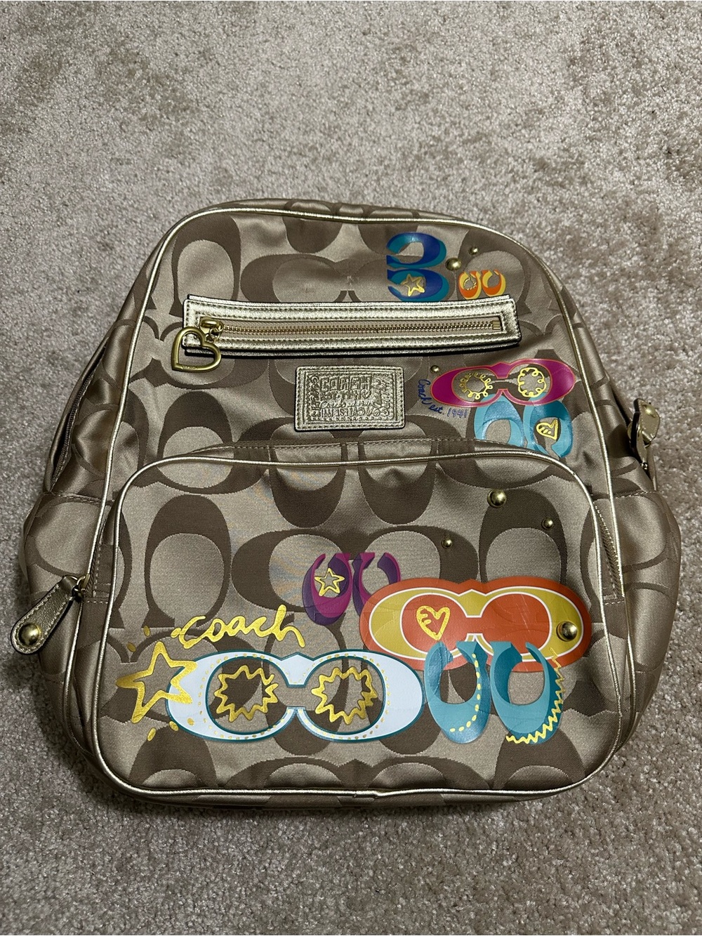 Coach Taupe Signature Backpack with Multicolor Graphic Accents
